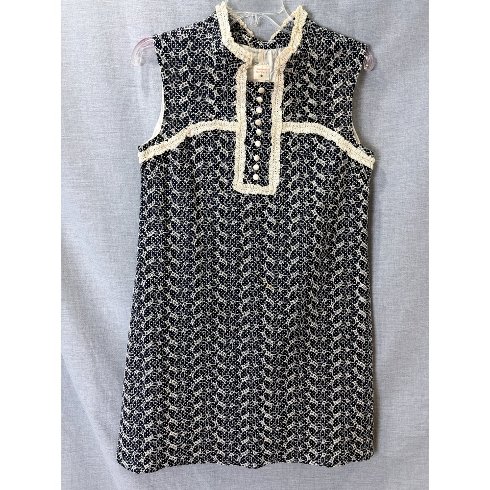 Lauren Moffatt Navy Blue Cream Eyelet Silk Lined Shift Dress Lace Trim Womens 4